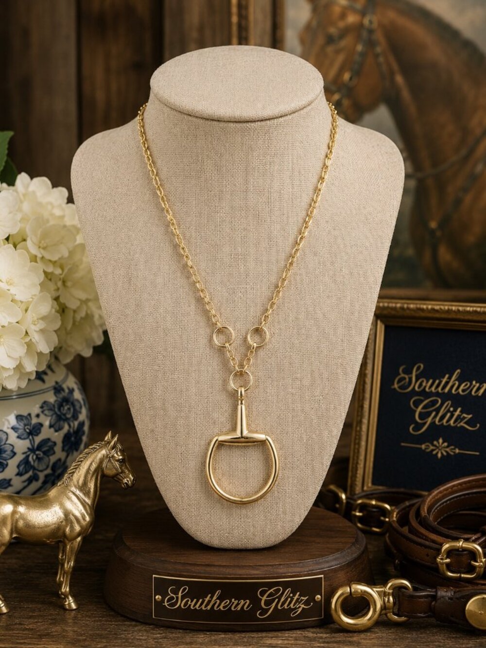Gold Equestrian Horse Bit Necklace, D Ring Snaffle Pendant, Horse Lover J